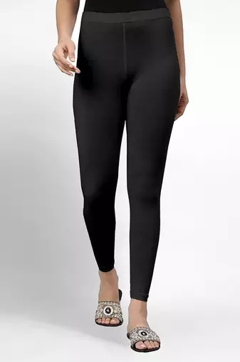 Black super combed cotton elastane stretch ankle length leggings with ultrasoft waistband