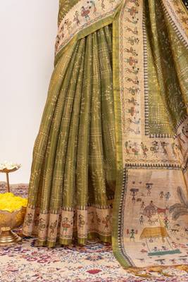olive warli printed tissue tussar silk saree 4