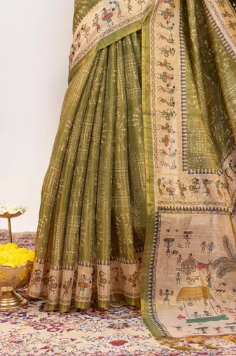 olive warli printed tissue tussar silk saree