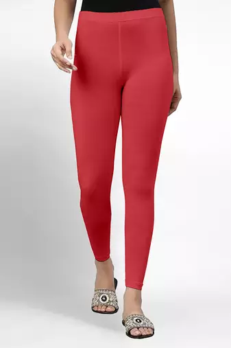 Red super combed cotton elastane stretch ankle length leggings with ultrasoft waistband