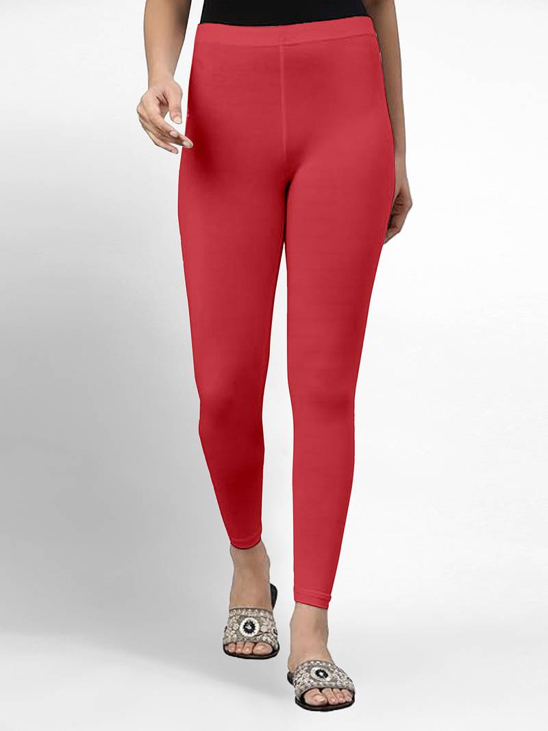 Red super combed cotton elastane stretch ankle length leggings with ultrasoft waistband