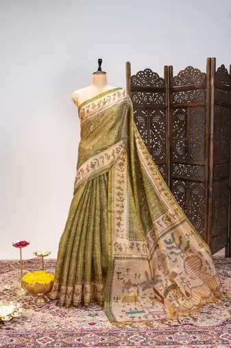 olive warli printed tissue tussar silk saree
