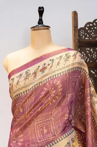 onion pink warli printed tissue tussar silk saree