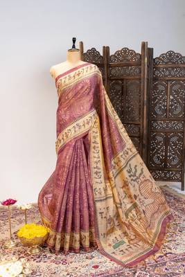 onion pink warli printed tissue tussar silk saree 3
