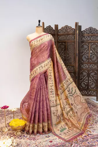 onion pink warli printed tissue tussar silk saree