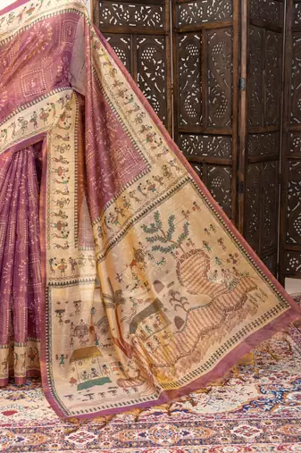 onion pink warli printed tissue tussar silk saree