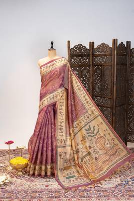 onion pink warli printed tissue tussar silk saree 1