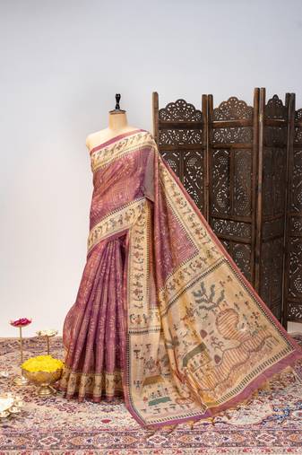 Onion pink color warli printed tissue tussar silk saree