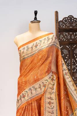 orange warli printed tissue tussar silk saree 1