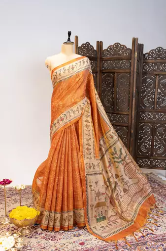 orange warli printed tissue tussar silk saree