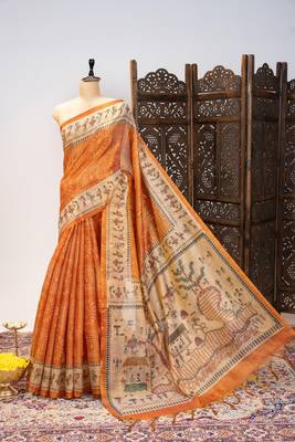 orange warli printed tissue tussar silk saree 5