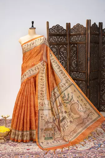 orange warli printed tissue tussar silk saree
