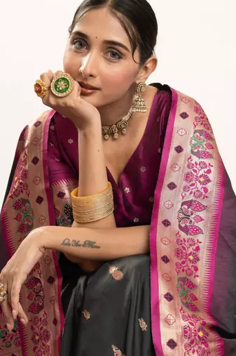 Black color peacock design with zari weaving banarasi silk paithani saree