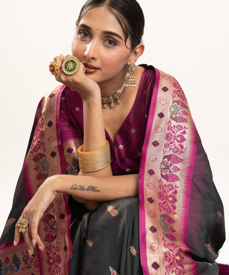 Black color peacock design with zari weaving banarasi silk paithani saree
