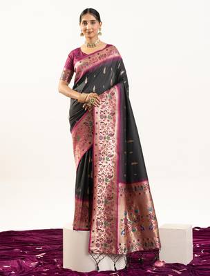 black peacock design banarasi silk paithani saree 2