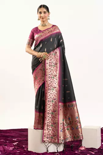 black peacock design banarasi silk paithani saree