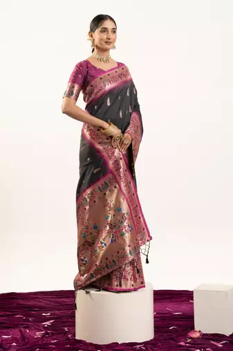 black peacock design banarasi silk paithani saree