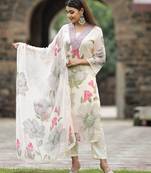 Women Floral Printed Regular Thread Work Kurta with Trousers & With Dupatta