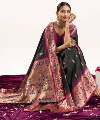 black peacock design banarasi silk paithani saree 4