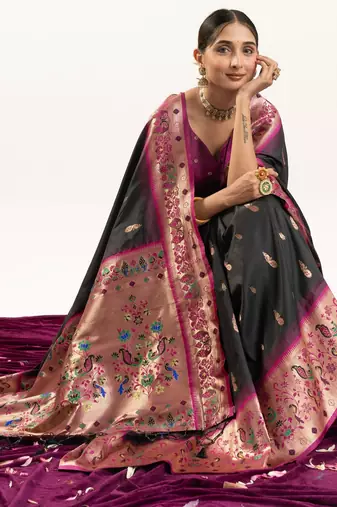 black peacock design banarasi silk paithani saree