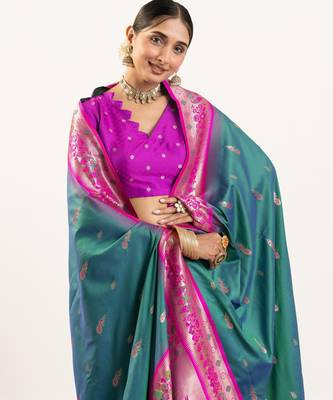 emerald peacock design banarasi silk paithani saree 2