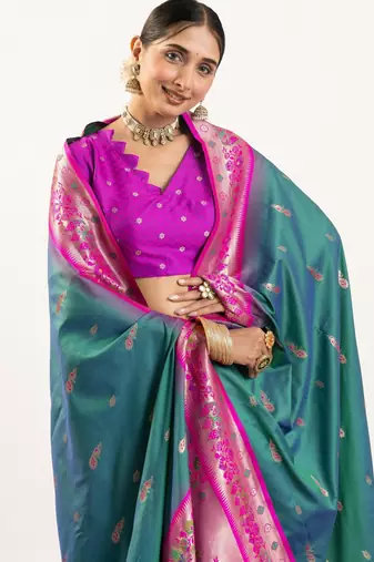 emerald peacock design banarasi silk paithani saree