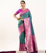 Emerald color peacock design with zari weaving banarasi silk paithani saree