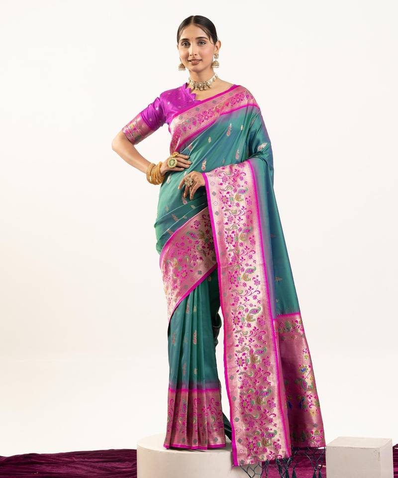 Emerald color peacock design with zari weaving banarasi silk paithani saree