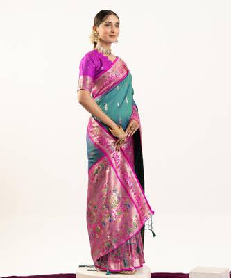emerald peacock design banarasi silk paithani saree 3