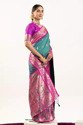 emerald peacock design banarasi silk paithani saree