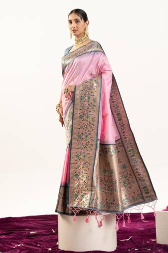 Light pink color peacock design with zari weaving banarasi silk paithani saree