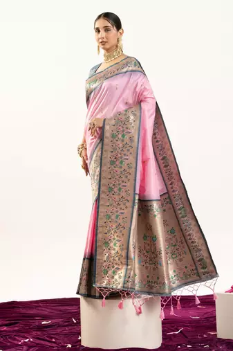 Light pink color peacock design with zari weaving banarasi silk paithani saree