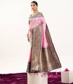 Light pink color peacock design with zari weaving banarasi silk paithani saree