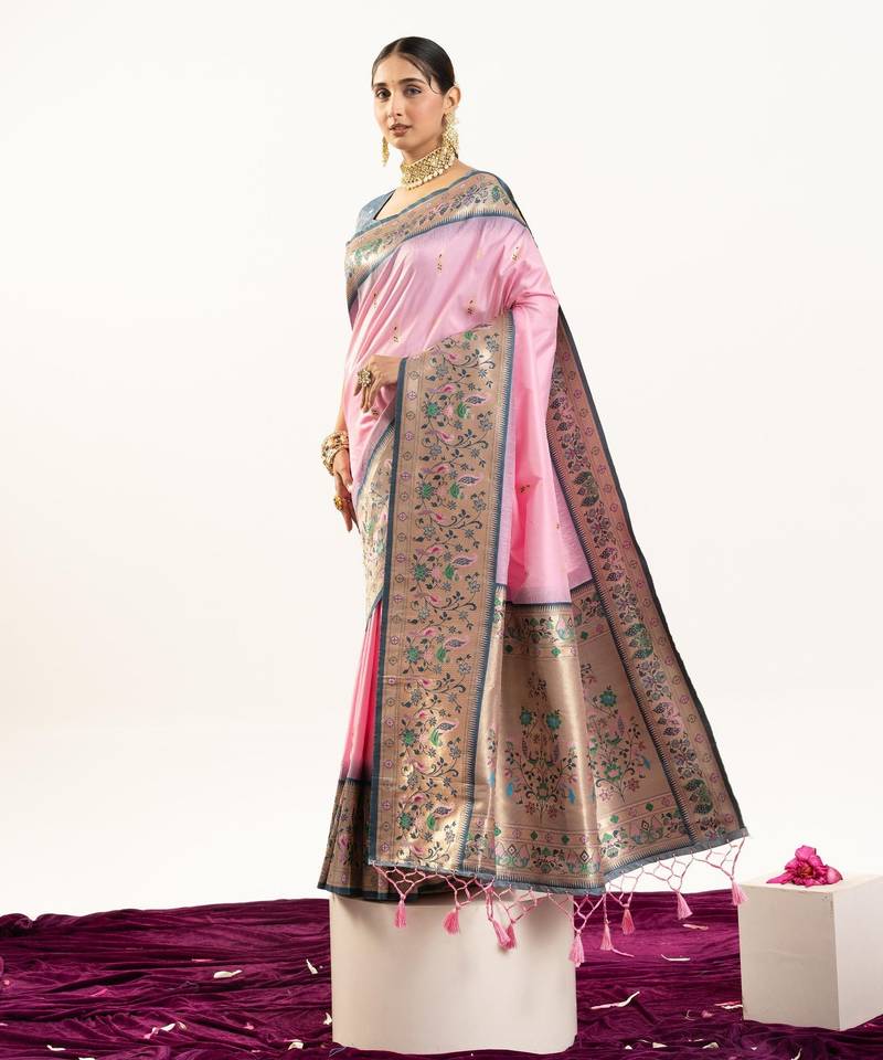 Light pink color peacock design with zari weaving banarasi silk paithani saree