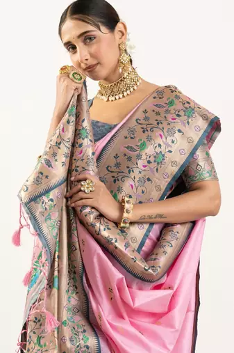 light pink peacock design banarasi silk paithani saree