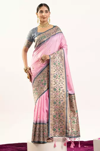 light pink peacock design banarasi silk paithani saree