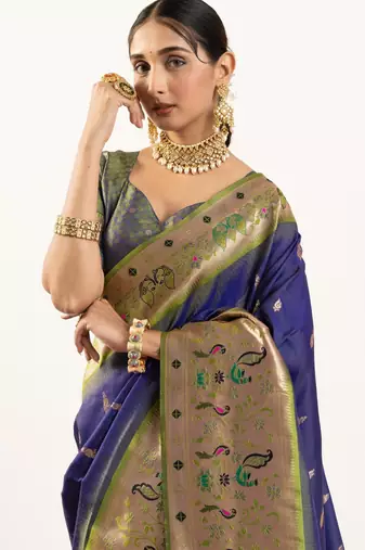 navy blue peacock design banarasi silk paithani saree