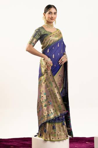 Navy blue color peacock design with zari weaving banarasi silk paithani saree