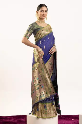 Navy blue color peacock design with zari weaving banarasi silk paithani saree