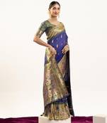 Navy blue color peacock design with zari weaving banarasi silk paithani saree