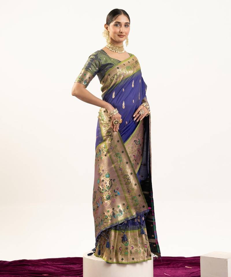 Navy blue color peacock design with zari weaving banarasi silk paithani saree