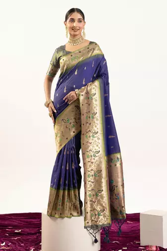 navy blue peacock design banarasi silk paithani saree