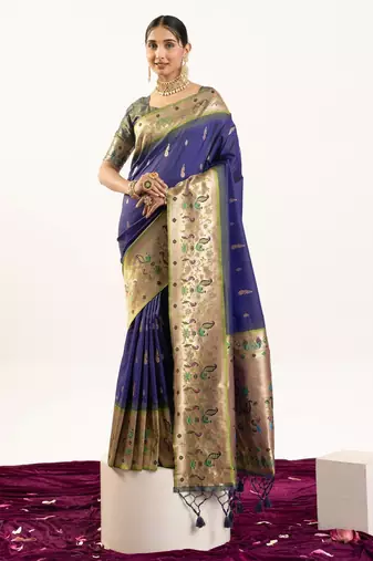 navy blue peacock design banarasi silk paithani saree
