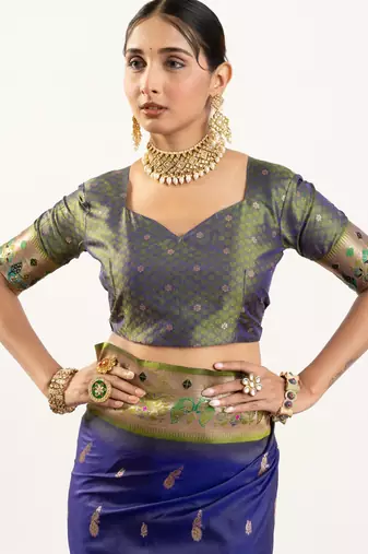 navy blue peacock design banarasi silk paithani saree