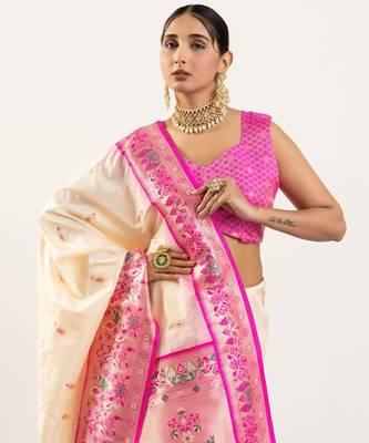off white peacock design banarasi silk paithani saree 2