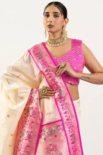 off white peacock design banarasi silk paithani saree