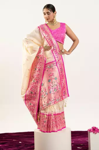 Off white color peacock design with zari weaving banarasi silk paithani saree