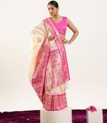 Off white color peacock design with zari weaving banarasi silk paithani saree