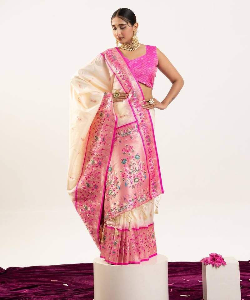 Off white color peacock design with zari weaving banarasi silk paithani saree