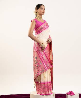 off white peacock design banarasi silk paithani saree 3